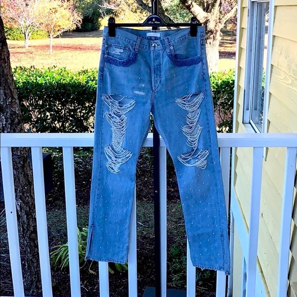 Pearl Beaded Jonathan Simkhai Light Blue Distressed Jeans - Picture 3 of 8